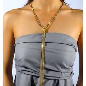 Gold Y Lariat Necklace, Multiple Strand, Statement, Boho